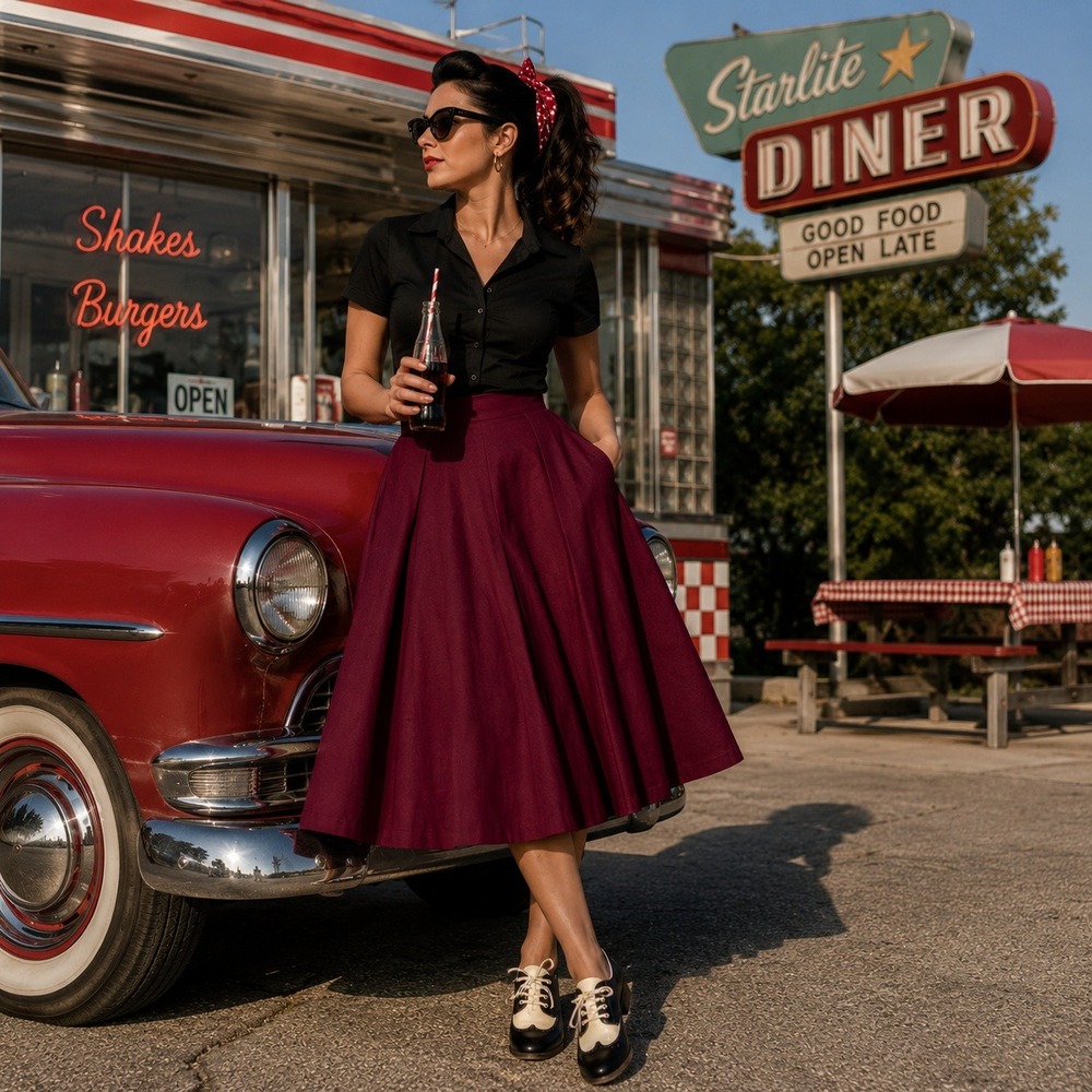 Tulip B Burgundy A-Line Circle Skirt with Pockets Size M Rockabilly Retro NWT